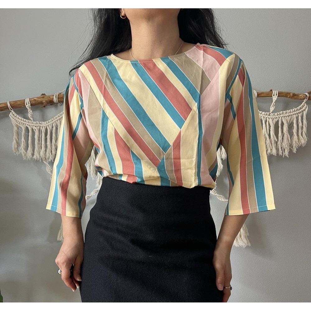 Vintage 80s Pastel crew Neck 3/4 Sleeve striped Blouse business formal small